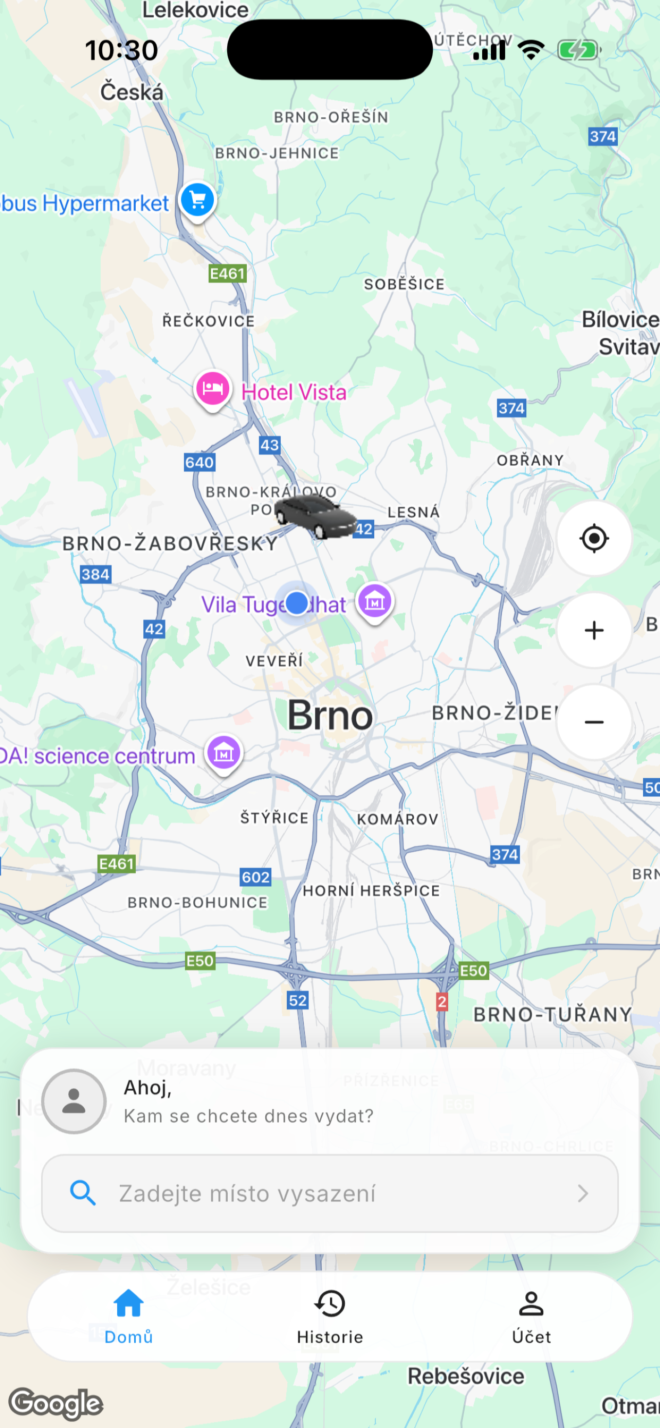 Domovská obrazovka — mapa Brna